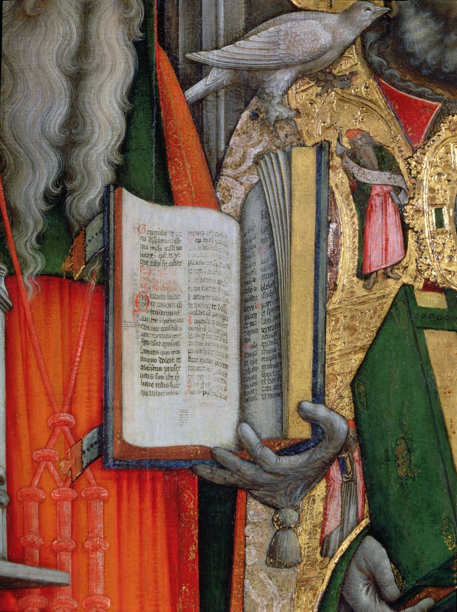 Szent Jeromos Biblia és Szent Gergely galamb, a bal oldali panel részlete A Szent Jeromossal, Gergelyszel, Ambrusszal és Ágoston trónoló szűz című filmből, 1446 olaj, vászon a restaurálás után lásd: 160893-99 alkotó: Antonio Vivarini