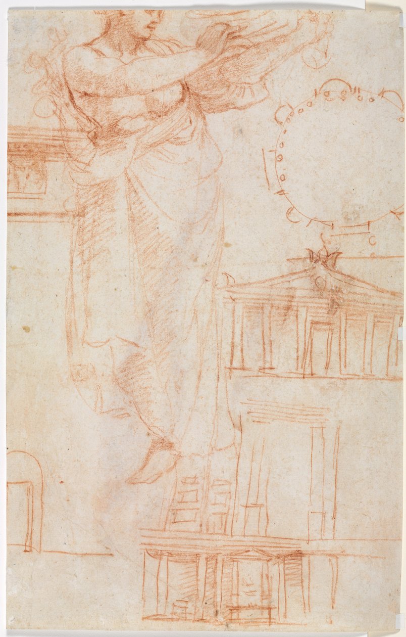 Egy Draped Female Figure, esetleg egy Amazon and Architectural Studies verso, c. 1525. alkotó: Antonio da Correggio