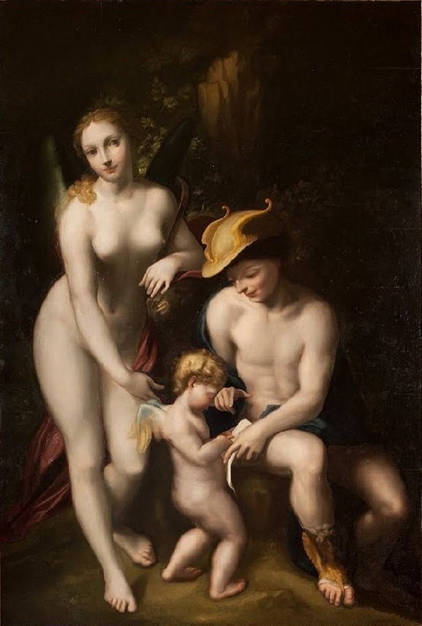 Vénusz Merkúrral és Ámorral, A szerelem iskolája, Antonio da Correggio, kiállítva a chenonceau-i kastélyban. alkotó: Antonio da Correggio