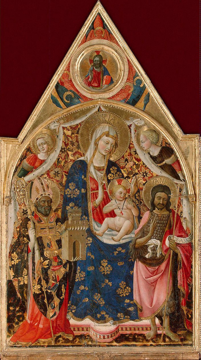 Madonna és gyermeke, püspökkel, Keresztelő Szent Jánossal és angyalokkal, 15. század eleje. alkotó: Antonio da Firenze