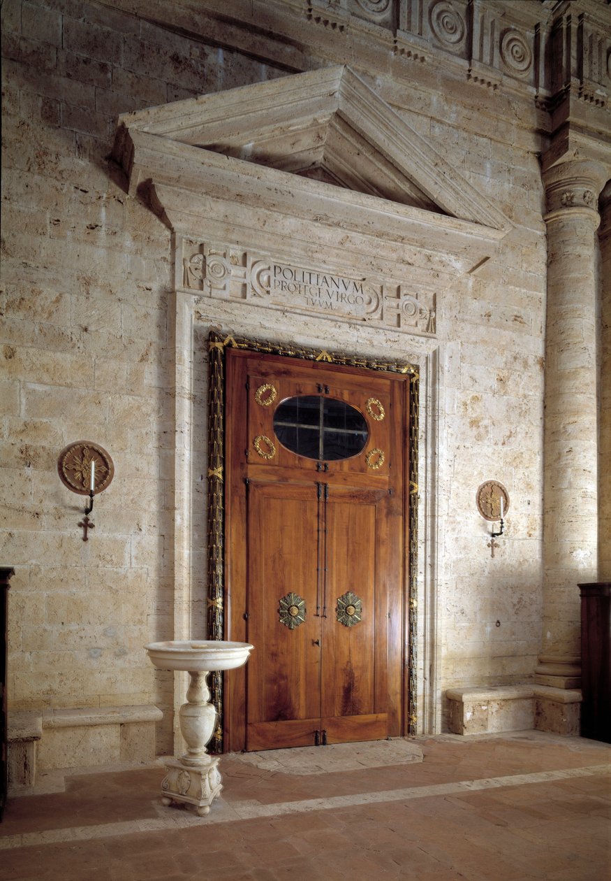 Fából készült ajtó, belső nézet a Szent Biagio-templomra alkotó: Antonio da the elder Sangallo