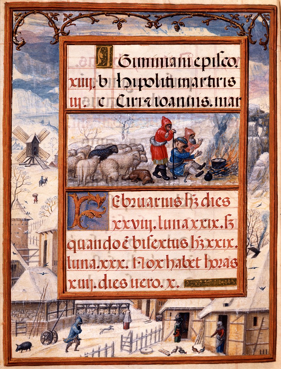 Február, miniatúrák Dom Manuel Órakönyvéből, 1517-38 (tempera pergamen) alkotó: Antonio de Hollanda