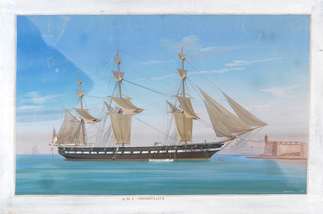 A HMS "Immortalite" vitorlával segített gőzhajó egy part közelében lehorgonyozva, csatárokkal körülvéve alkotó: Antonio de Simone