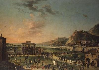 Capriccio panoráma III. Károly, a két szicíliai király utazásáról, portici villájától a római Palazzo Farnese-ig alkotó: Antonio de dipi (attr. to) Joli