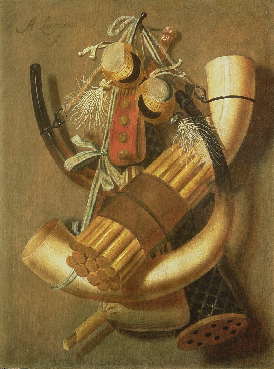 Vadászati kiegészítők csendélete (panel) alkotó: Antonius Leemans