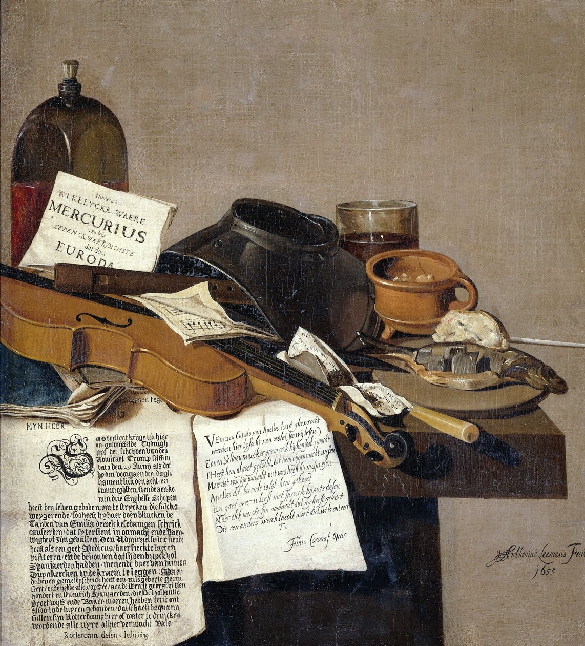 Csendélet füzetekkel, hegedűvel, furulyával, étellel és füzetekkel alkotó: Antonius Leemans