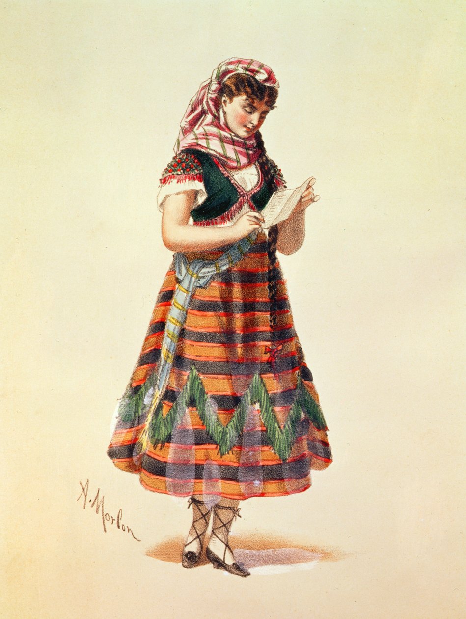 Hortense Schneider szerepében Offenbach „La Perichole” című operettjében, illusztráció a „Costumes de Theaters de Paris” c. alkotó: Antony Paul Emile Morlon