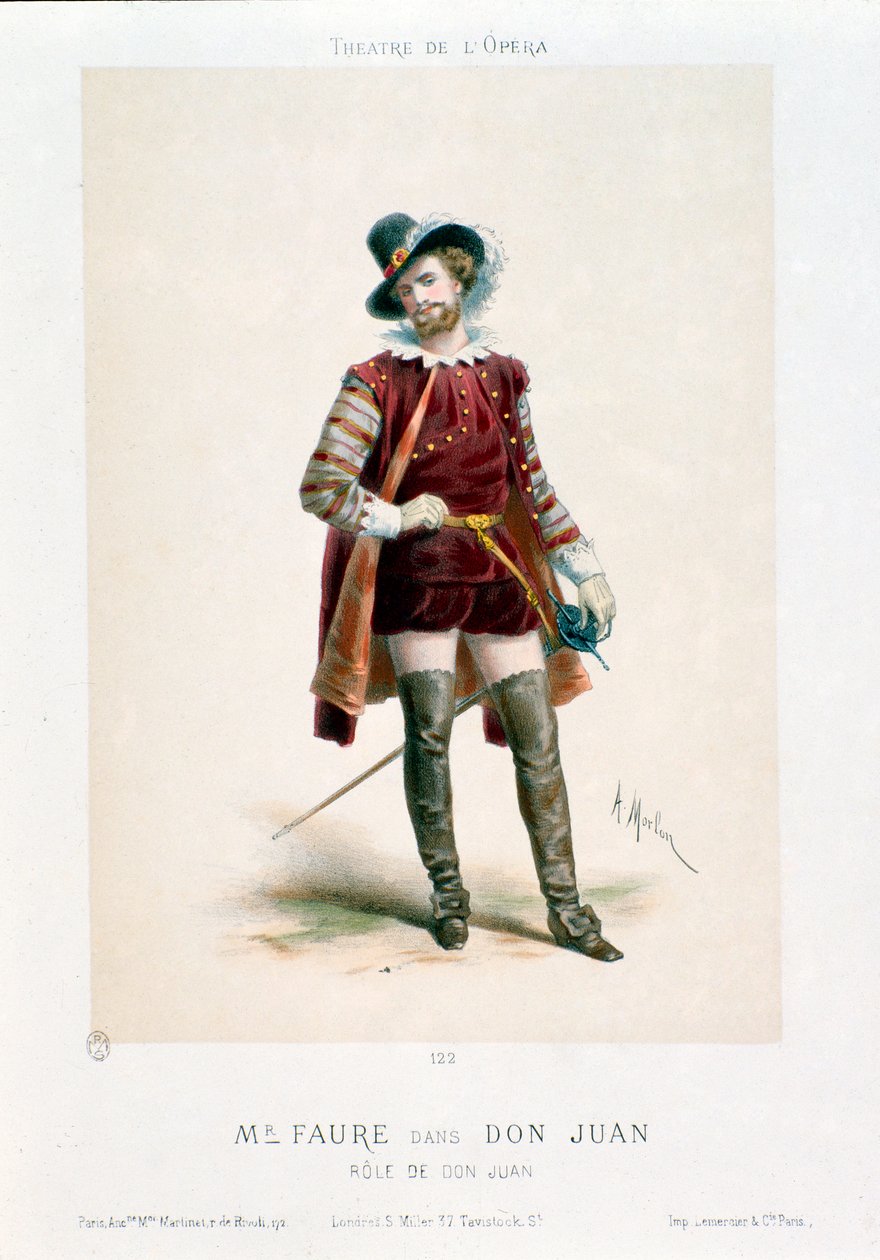 Jean-Baptiste (Jean Baptiste) Faure (1830-1914) énekes, aki a Don Giovannit (Don Juan) adja elő Wolfgang Amadeus Mozart (1756-1791) azonos című operájában a párizsi Operaszínházban. Antony Morlon litográfiája (1834-1914) Colle alkotó: Antony Paul Emile Morlon