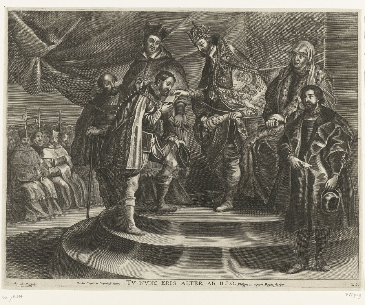 Troonsafsand van Karel V; intocht van Ferdinand te Gent 1635-ben (blad 25) Károly megfosztotta magát a Királyságtól és a Birodalomtól / Most a második leszel / II. Fülöp elveszi a Királyságot apjától (cím a tárgyon) alkotó: Antony van der Does