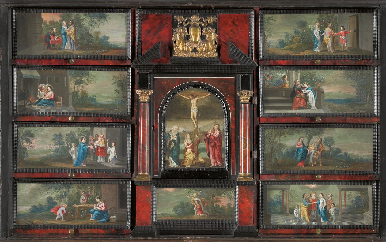Szekrény (aranyozott fém, parcella aranyozott, teknőspáncél, ébenfa, elefántcsont és ebonizált és japán fa, rézre festett festményekkel) alkotó: Antwerp School