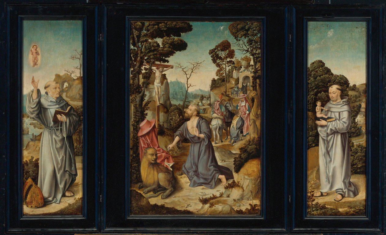 Triptichon: Jelenetek Szent István életéből. Jeromos, Páduai Szent Antal, Clairvaux-i Szent Bernát alkotó: Antwerp School c. 1525 3