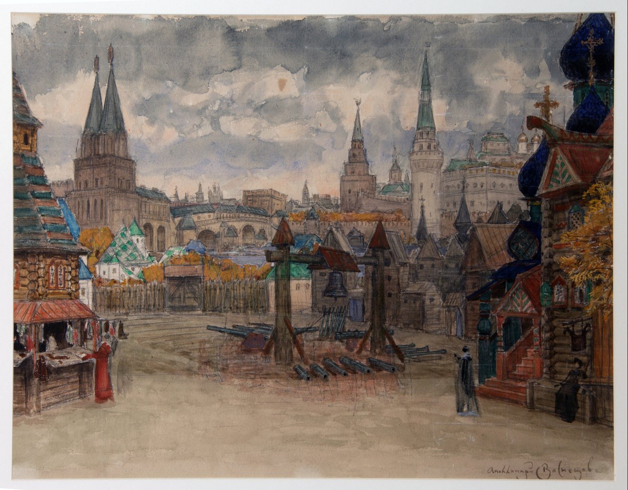 La place des strelets - Modeste Moussorgski (1839-1881) "La Khovanshchina" című operájának dekorációja - A Strelets udvara, M. Muszorgszkij Khovanshchina című operájának színpadterve - Appolinari Mihajlovics Vasnyecov (1856-1933) munkája ), akvarell papi alkotó: Apollinari Mikhailovich Vasnetsov