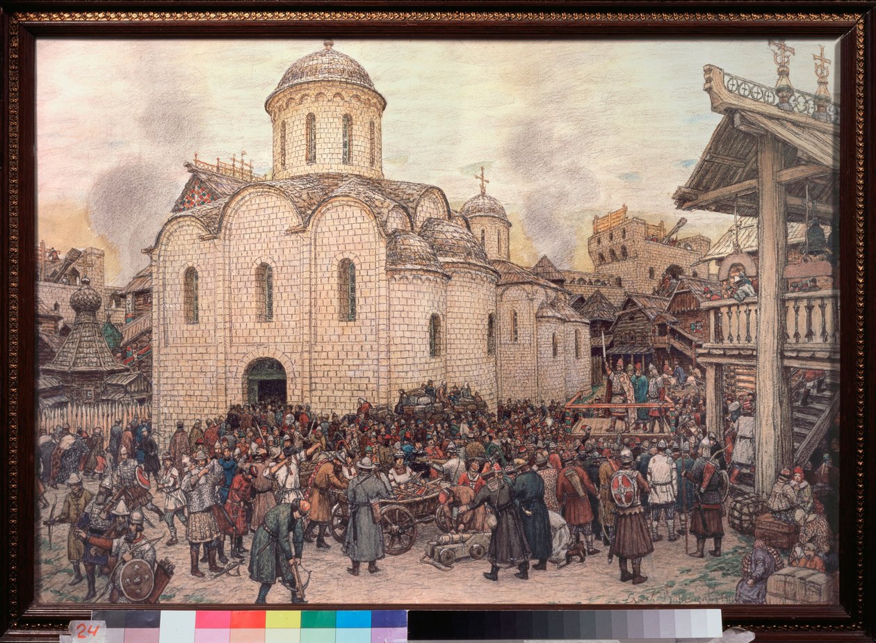 Tokhtamics kán moszkvai inváziója (Toqtamych) (meghalt 1406-ban), 1382-ben (A város elfoglalása az Arany Horda által) - Appolinari Mihajlovics Vasnyecov (1856-1933) munkája, akvarell és szén papíron alkotó: Apollinari Mikhailovich Vasnetsov