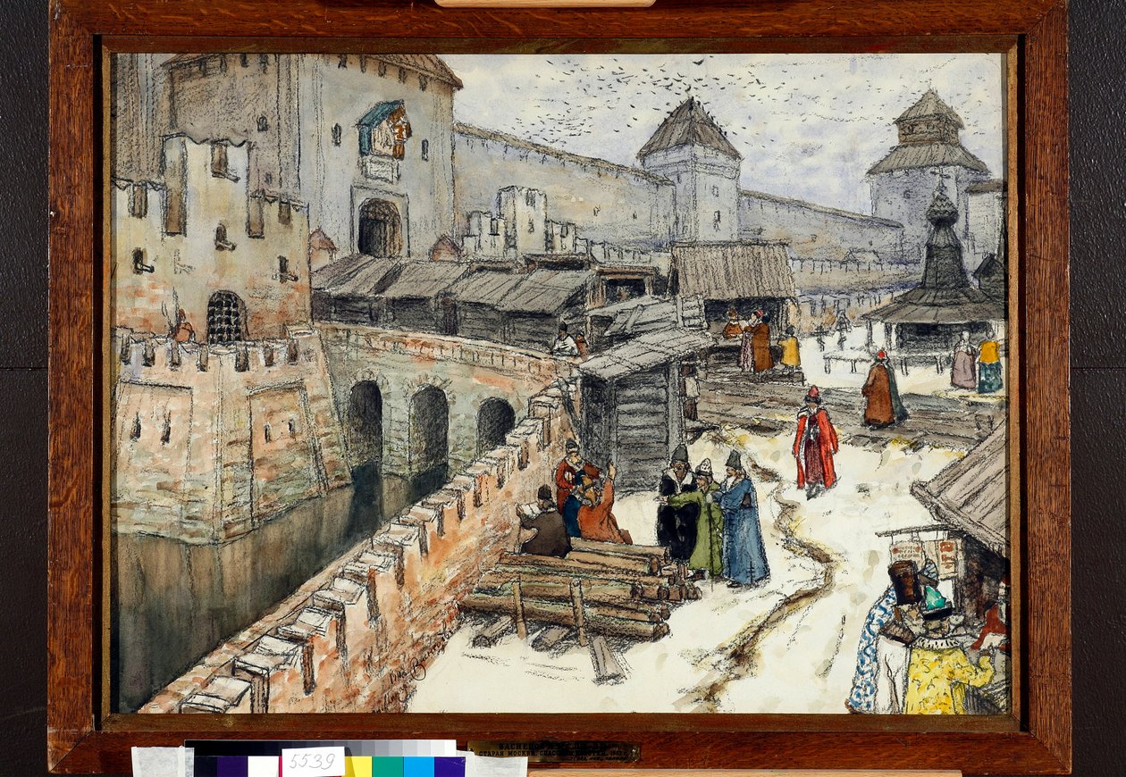 Moszkva a 17. században, könyvkereskedők a Megváltó Krisztus hídján - Appolinari Mikhajlovics Vasnyecov (1856-1933) munkája alkotó: Apollinari Mikhailovich Vasnetsov