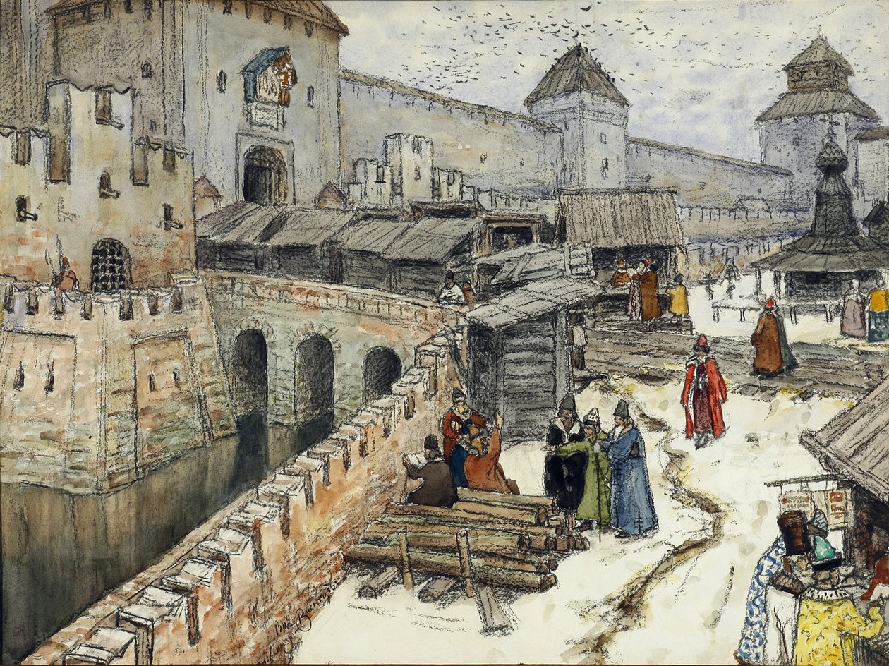 Moszkva a 17. században. Könyvesboltok a Megváltó Krisztus hídon, 1902 alkotó: Apollinari Mikhailovich Vasnetsov