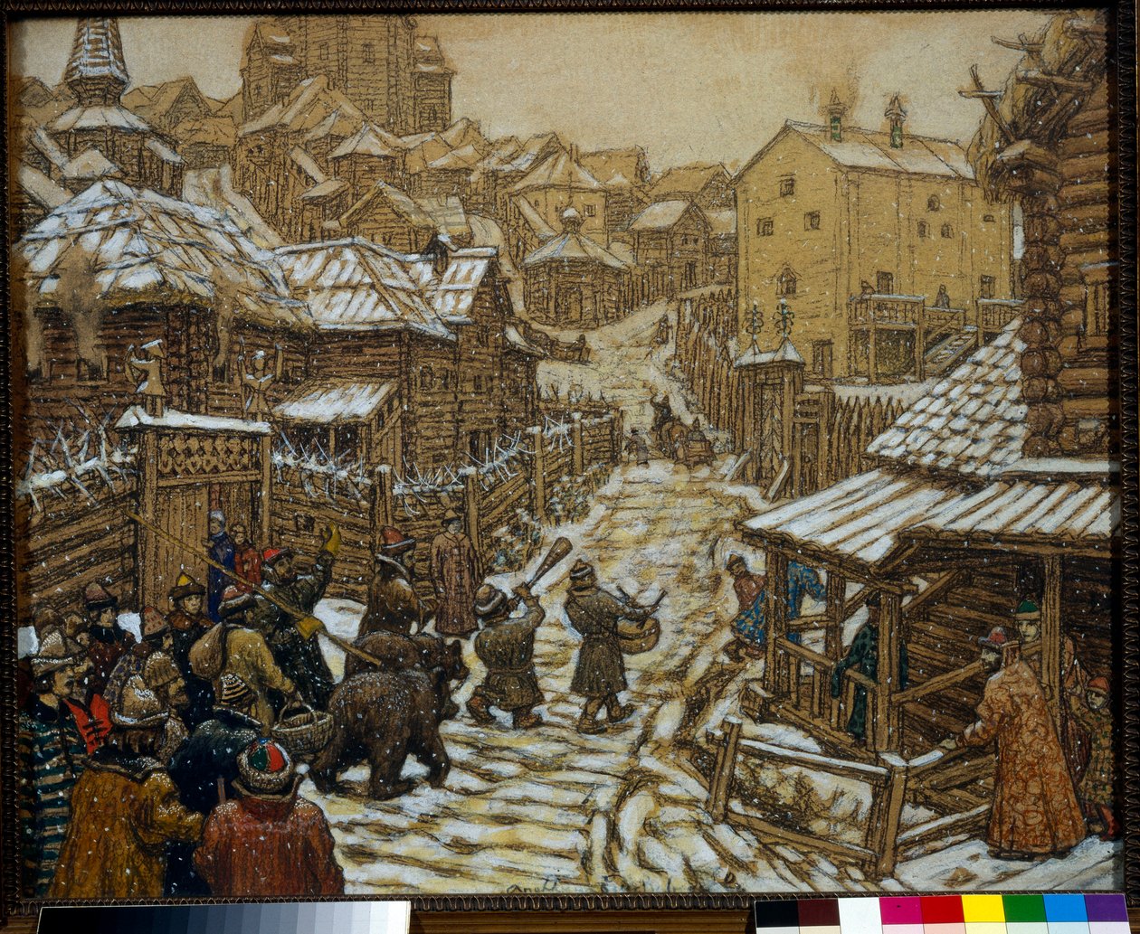 Zenészek és medveidomárok egy moszkvai utcában a 17. században – Appolinari Mihajlovics Vasnyecov (1856-1933) munkája alkotó: Apollinari Mikhailovich Vasnetsov