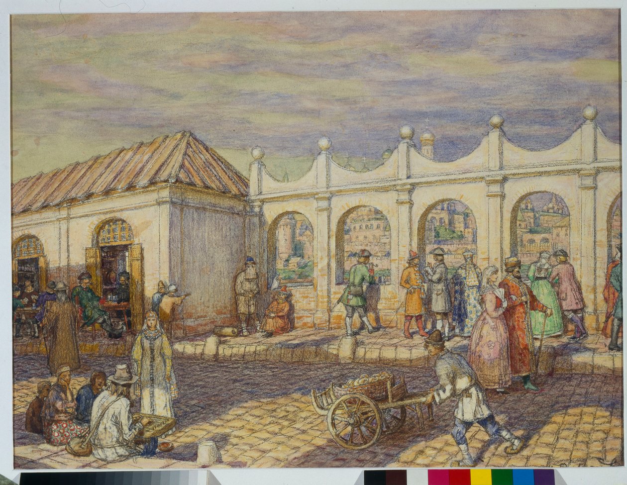Utcai jelenet a moszkvai Kőhídon (Mindenszentek hídja) I. Nagy Péter idejében (1672-1725) - Appolinari Mikhaylovich Vasnetsov (1856-1933) alkotása alkotó: Apollinari Mikhailovich Vasnetsov