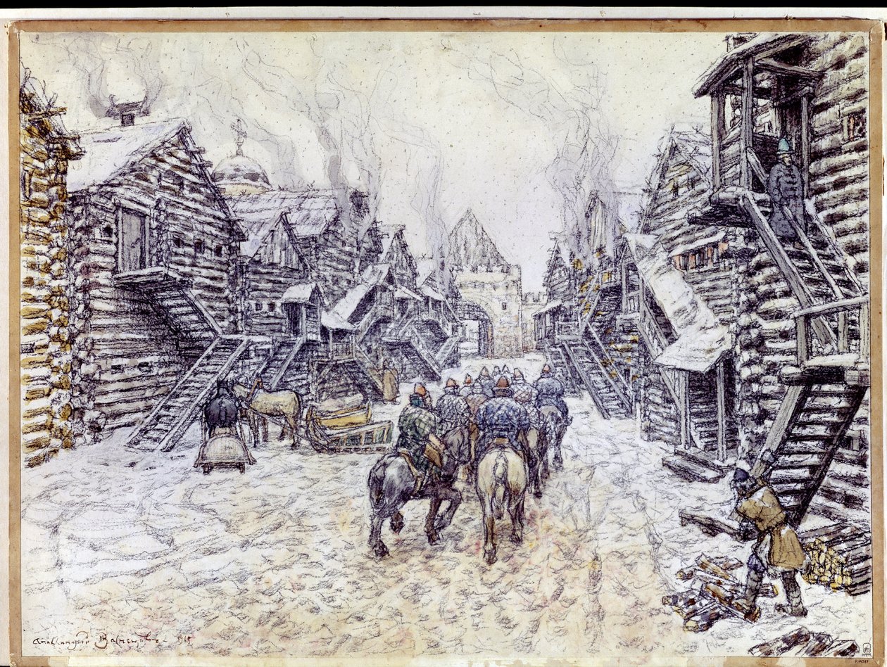 A régi Moszkva. Hagyományos fa építészet a hó alatt. Appolinari Mihajlovics Vasnyecov (1856-1933) munkája, akvarell és kréta papíron alkotó: Apollinari Mikhailovich Vasnetsov