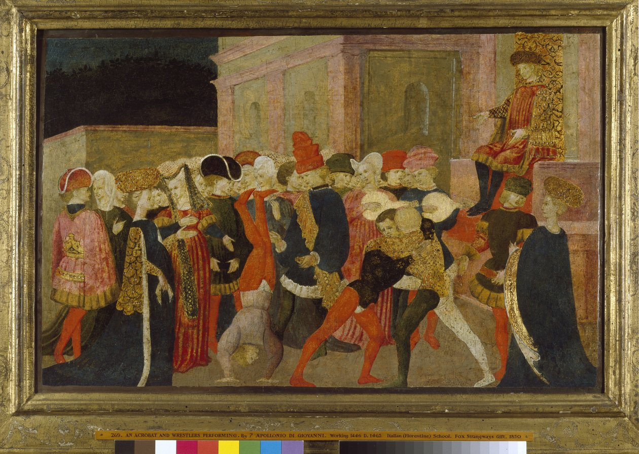 Egy akrobata és birkózók fellépése, 15. század (tempera a panelen) alkotó: Apollonio di Giovanni di Tommaso