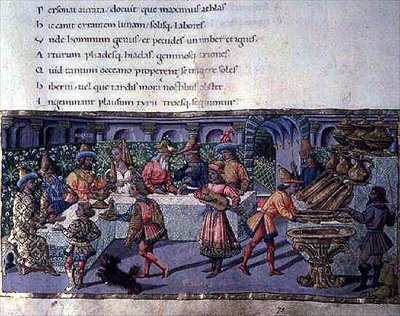 Ms 492 f.75 Bankett jelenet az Aeneisből (pergamen) alkotó: Apollonio di Giovanni di Tommaso