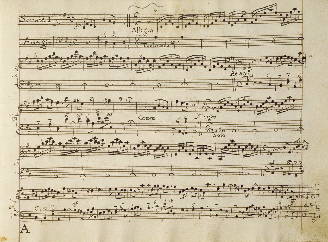 Kéziratos oldal az Opus V kottájából, "Szonáta hegedűre, hegedűre és csembalóra" alkotó: Arcangelo Corelli