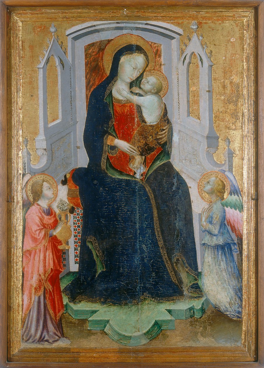 Madonna és Child két angyallal trónol alkotó: Arcangelo di Cola da Camerino