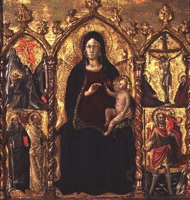Triptichon: Madonna és gyermeke (középső tábla) szentekkel és a keresztre feszítés jelenetével (tempera, tábla). alkotó: Arcangelo di Cola da Camerino