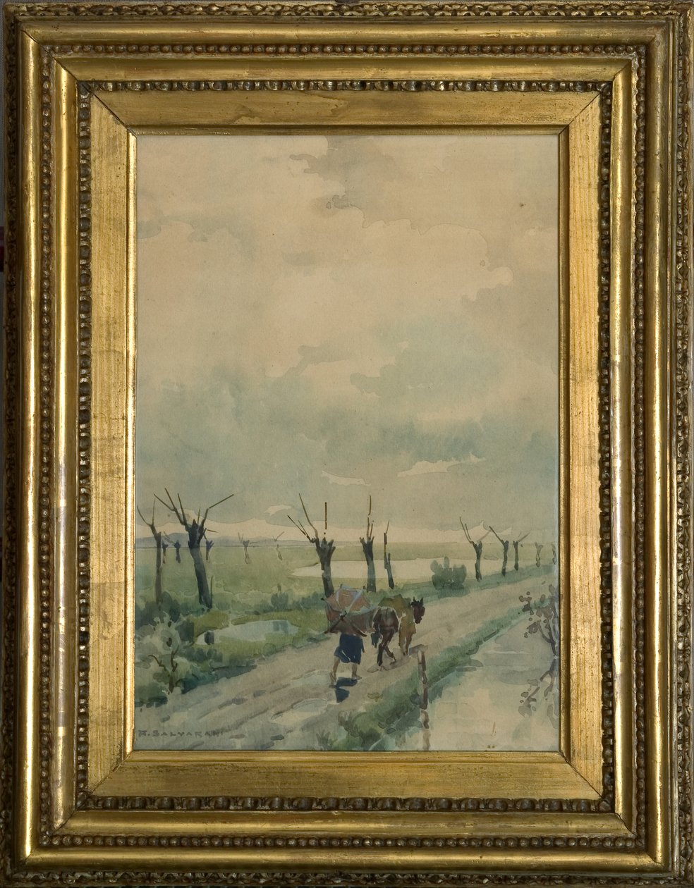 Tájkép személyekkel 1918-19 (akvarell szénrajzra) alkotó: Arcangelo Salvarani