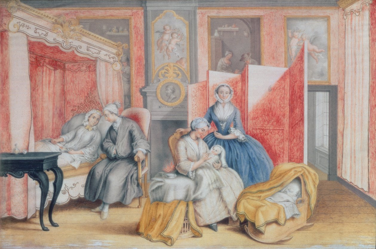 II. József (1741-90) felesége, pármai Izabella ágya mellett, Mária Terézia (1762-1770) lányuk születése után, 1762 (gouache) alkotó: Archduchess of Austria Maria Christine