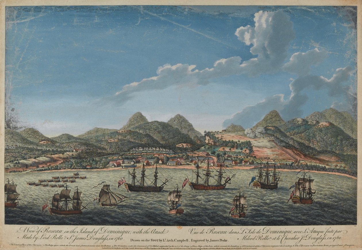 Roseau kilátása Dominique szigetén, Lord Rollo (1703-65) és Sir James Douglas (1703-87) 1760-as támadásával, Benazech metszetével, 1761-ben publikálva alkotó: Archibald Campbell