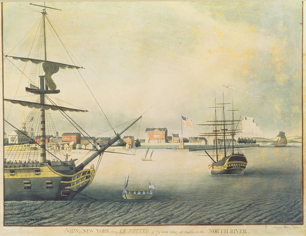 New York kilátása a „Le Jupiter”-ből, 74 ágyú horgonyozva a North Riverben, 1794 alkotó: Archibald Robertson