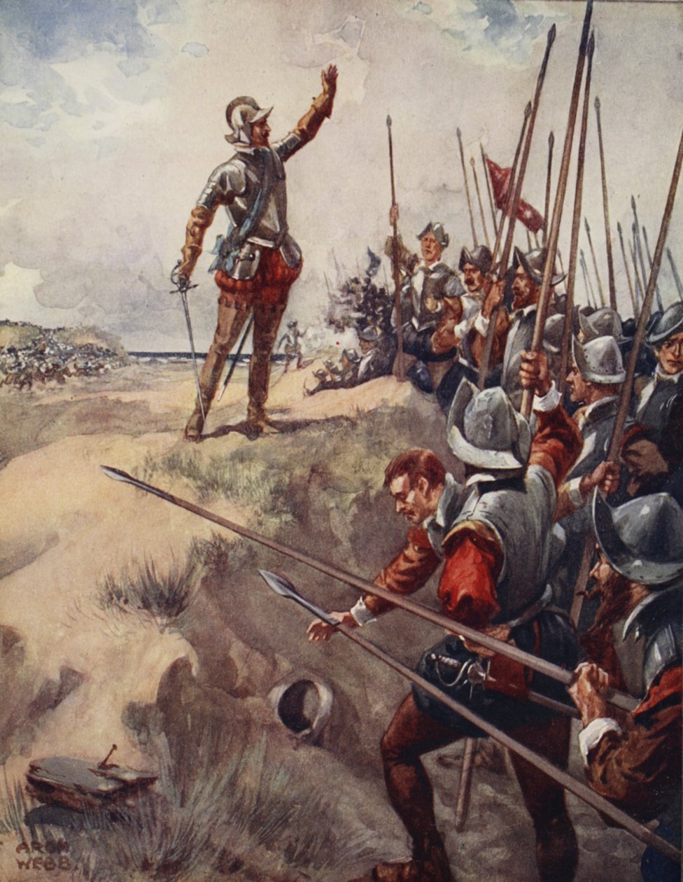„Én leszek a legbátrabb ember a harcban” – mondja a bátor Lord Willoughby, a Ballads of Famous Fights első kiadásából, 1920 alkotó: Archibald Webb