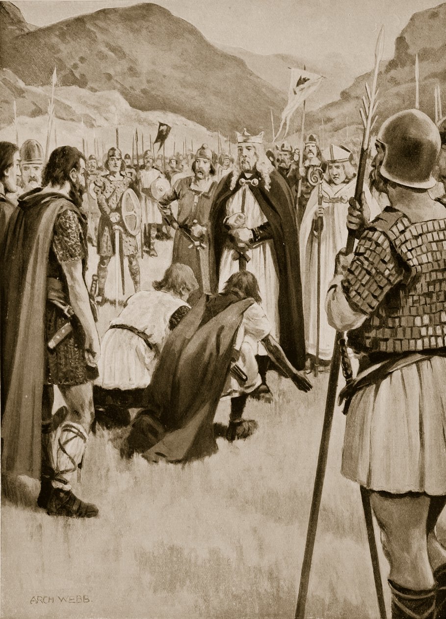 A dacori zsinat, 926, amikor Athelstan kiűzte Guthfrithot, Northumbria fiatal dán királyát, illusztráció a „Hutchinson története a brit nemzetről”, 1923 körül. alkotó: Archibald Webb