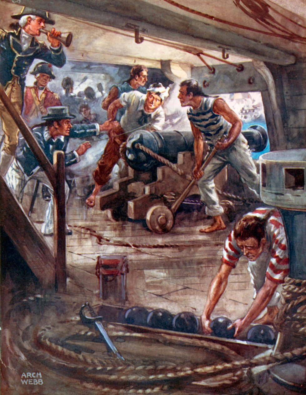"Minden egyes ágyú az adamantin ajkaiból halálos árnyékot vet a hajókra" (színes litográfia) alkotó: Archibald Bertram (after) Webb