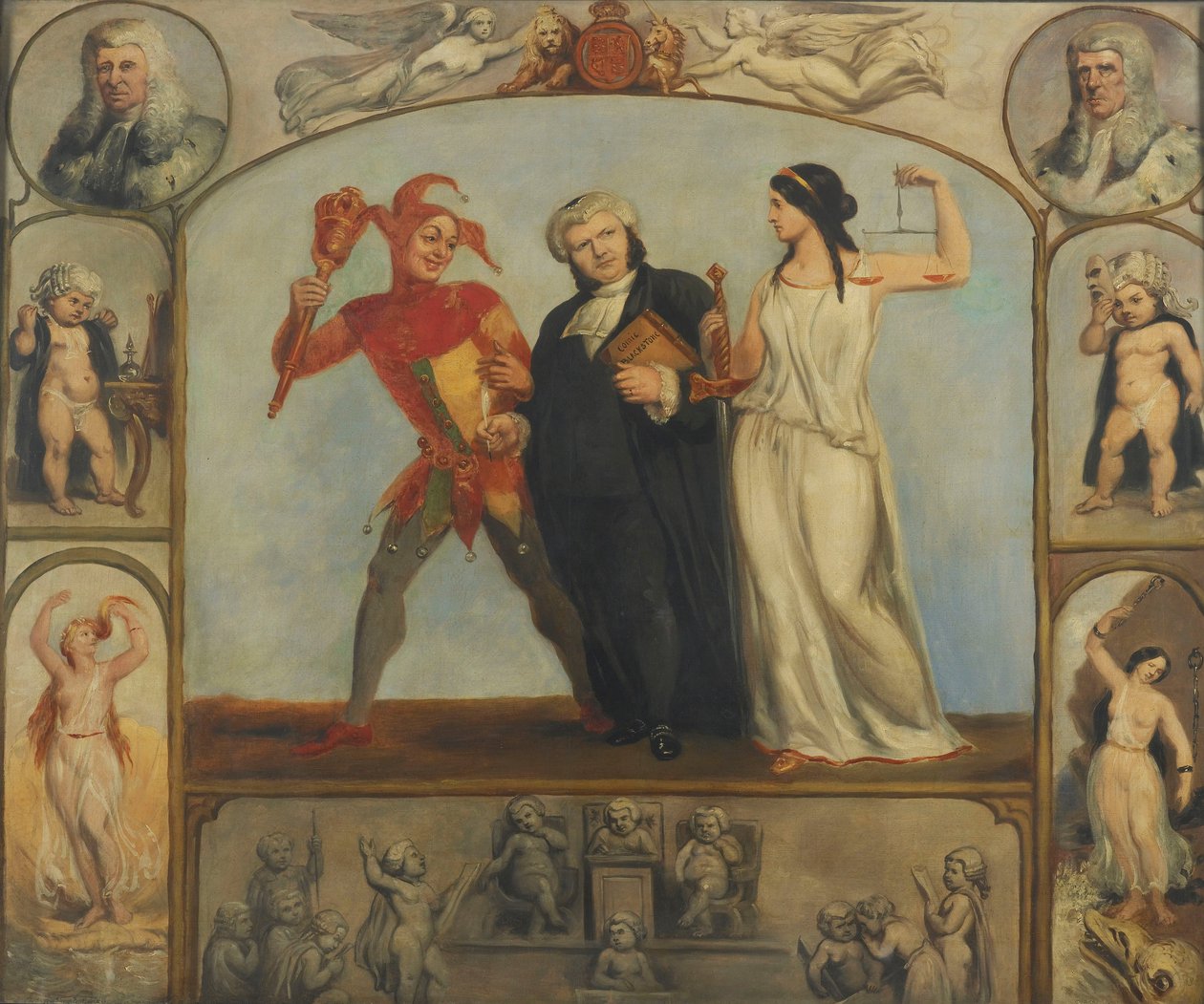 festmény; olaj, vászon - Renton Nicholson portréja allegorikus jelenetekkel és figurákkal alkotó: Archibald Henning