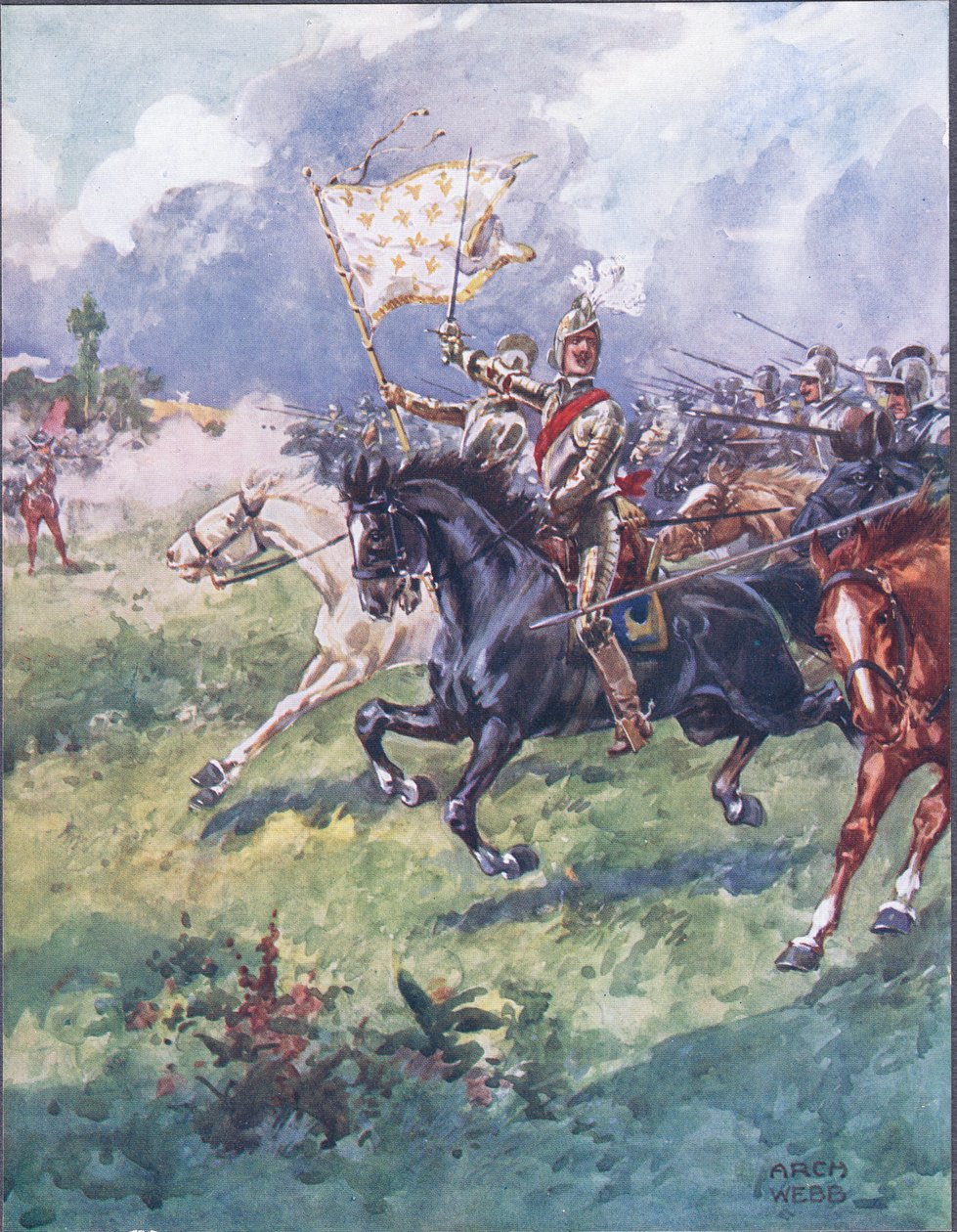 Ezer lovag nyomul szorosan mögötte, illusztráció a Ballads of Famous Fights című filmből, 1900 körül alkotó: Archibald Webb