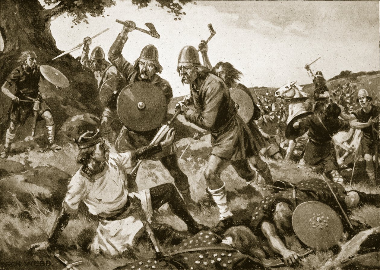 Oswald király veresége és halála, 642, illusztráció a „Hutchinson története a brit nemzetről”, 1920 körül alkotó: Archibald Webb