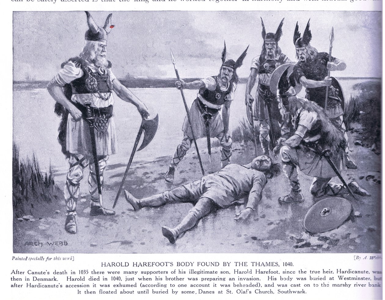 Harold Harefoots holttestét a Temzénél találták AD1040, 1920-as évek alkotó: Archibald Webb
