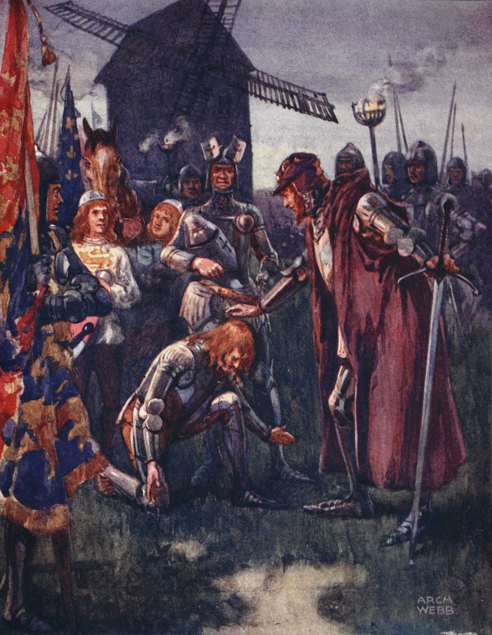 A Herceg Atyja előtt alázatosan letérdel: Övé a csata – övé a teljes! a Ballads of Famous Fights, első kiadás, 1920-ból alkotó: Archibald Webb