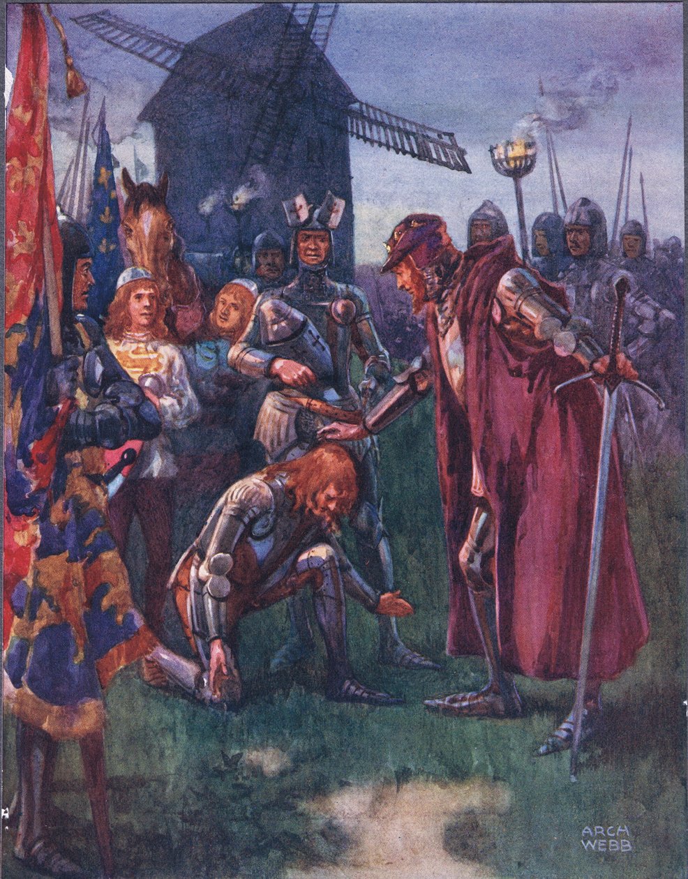 A Herceg Atyja előtt alázatosan letérdel: Övé a csata – övé a teljes! illusztráció: Ballads of Famous Fights, 1900 körül alkotó: Archibald Webb