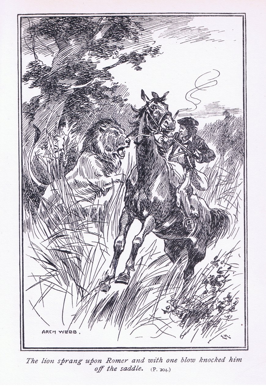 Az oroszlán ráugrott Romerre, és egy ütéssel leütötte a nyergéből, 1900. alkotó: Archibald Webb