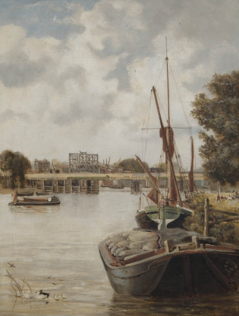A jelenlegi, épülő Hammersmith-híd, amely az ideiglenes hidat mutatja be, 1886 alkotó: Archibald Webb