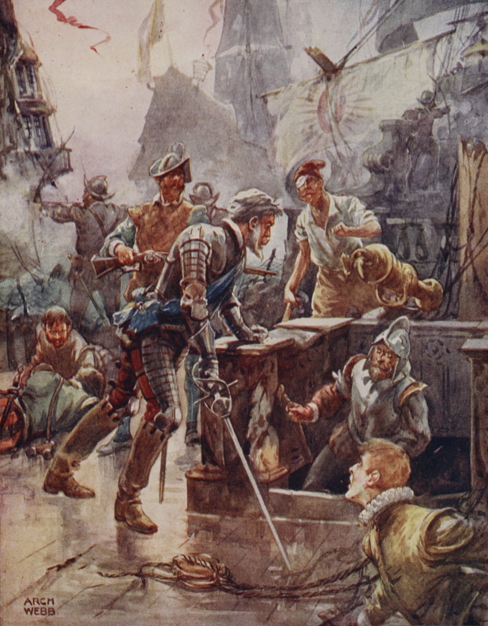 Aztán büszke sápadt ajakkal kiáltotta: "Hó! tüzér, hasítsd szét és süllyeszd el a hajót!" , a Ballads of Famous Fights első kiadásából, 1920. alkotó: Archibald Webb