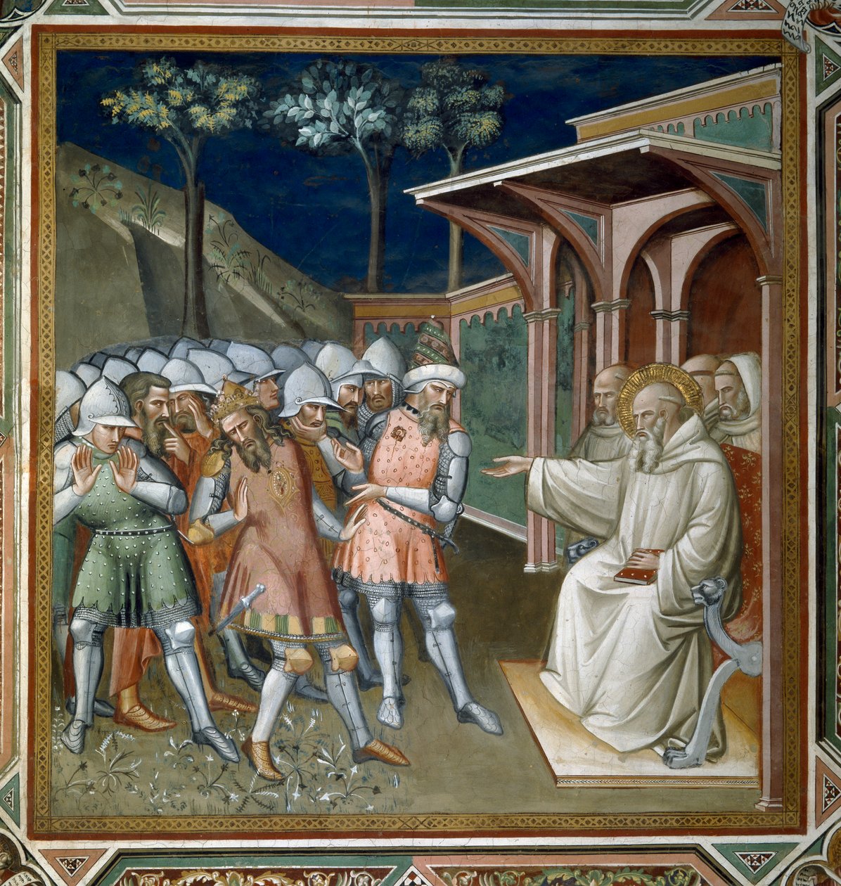 A Szent felfedezi Totila, az osztrogótok királyának csalását, részlet Szent Benedek életéből (480 körül-kb. 550), a sekrestyében, 1387 alkotó: Aretino Luca Spinello or Spinelli