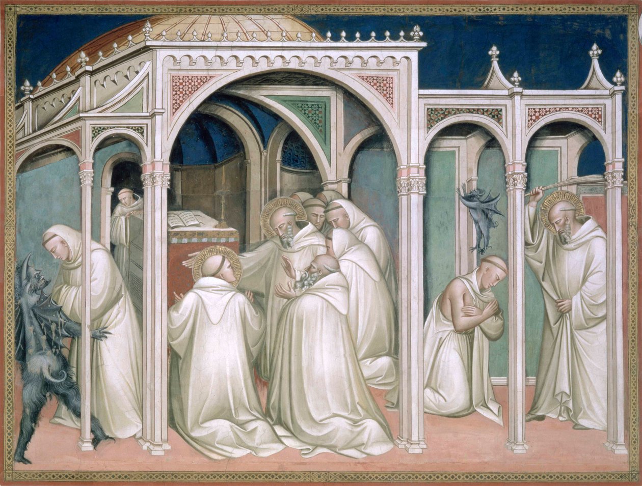 A szent megszabadít egy megszállt szerzetest, részlet Szent Benedek életéből (480 körül 550 körül), a sekrestyében, 1387. alkotó: Aretino Luca Spinello or Spinelli