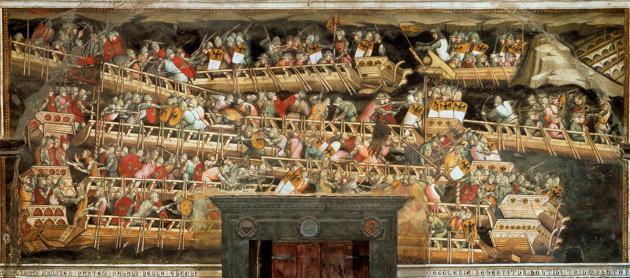 Tengerészeti csata Punta Salvatore-ban, Frederic Barberossa seregének szembeállítása a velenceiekkel (Fresco alkotó: Aretino Luca Spinello or Spinelli