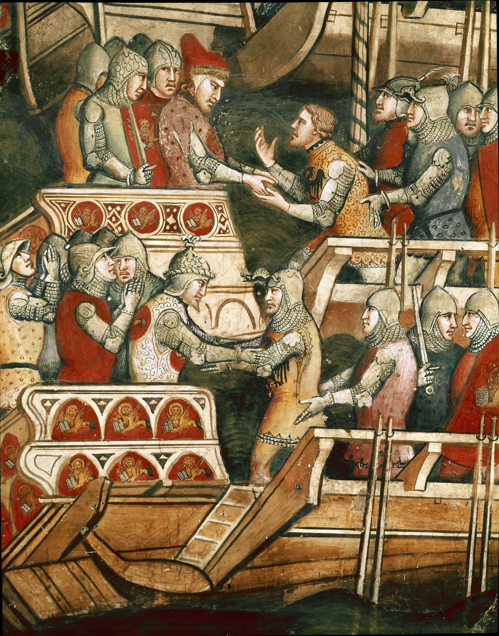 Tengerészeti csata Punta Salvore-ban a Trieszti-öbölben. Részlet a túszok cseréjéről (Fresco alkotó: Aretino Luca Spinello or Spinelli