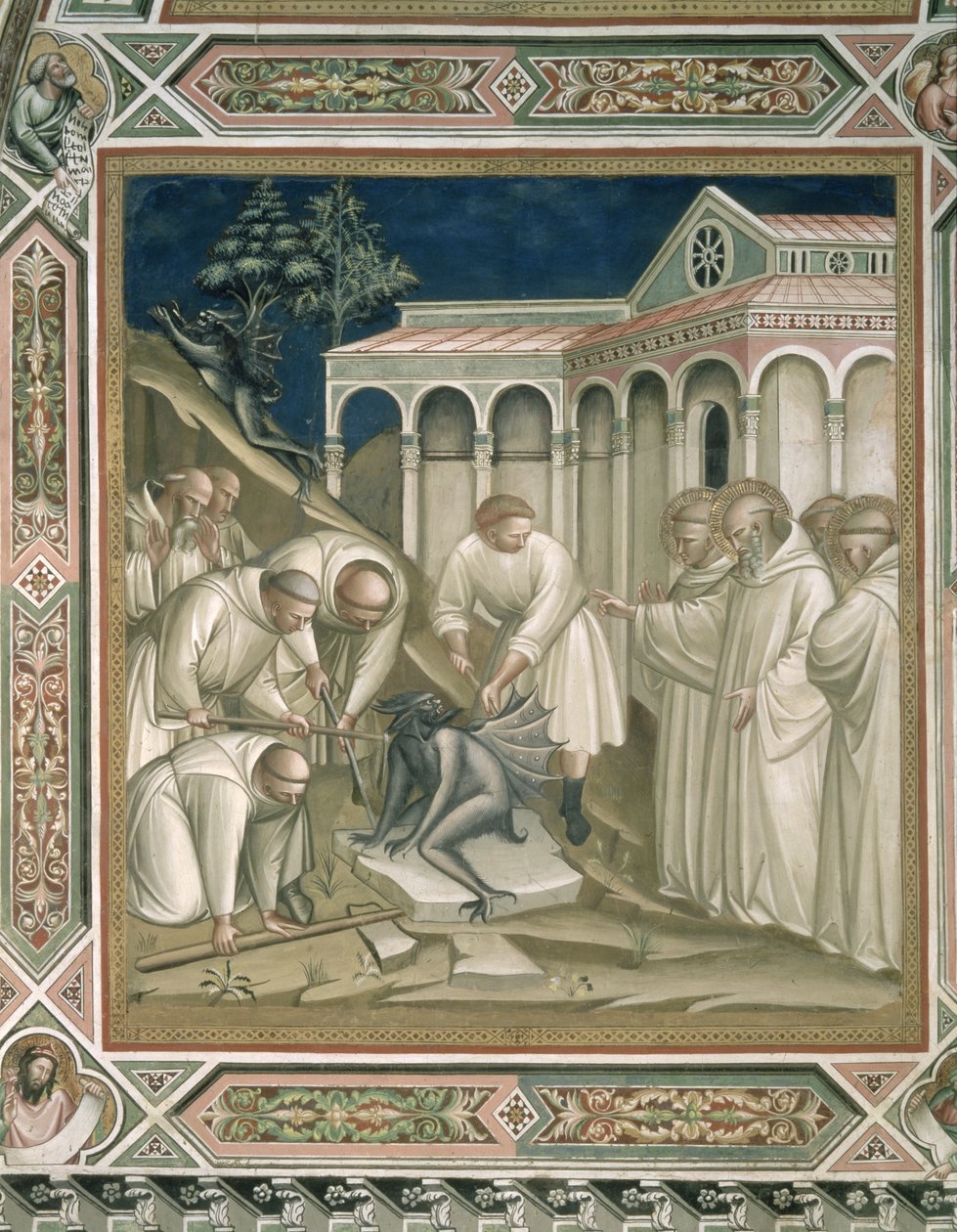 A nehéz kő, részlet Szent Benedek életéből (480-kb. 550), a sekrestyében, 1387 alkotó: Aretino Luca Spinello or Spinelli