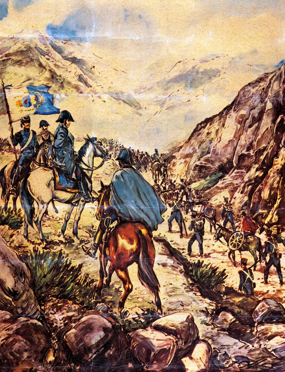 Jose de San Martin tábornok, más néven a Dél felszabadítója, seregével átkel az Andokon Peru felé. alkotó: Argentinian School