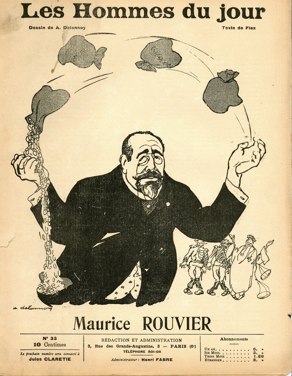 A „Les Hommes du jour” borítója, 1906 körül – Aristide Delannoy (1874–1911) illusztrációja: Ezüst – Rouvier Maurice (1842–1911) – Zsonglőrködés alkotó: Aristide Delannoy